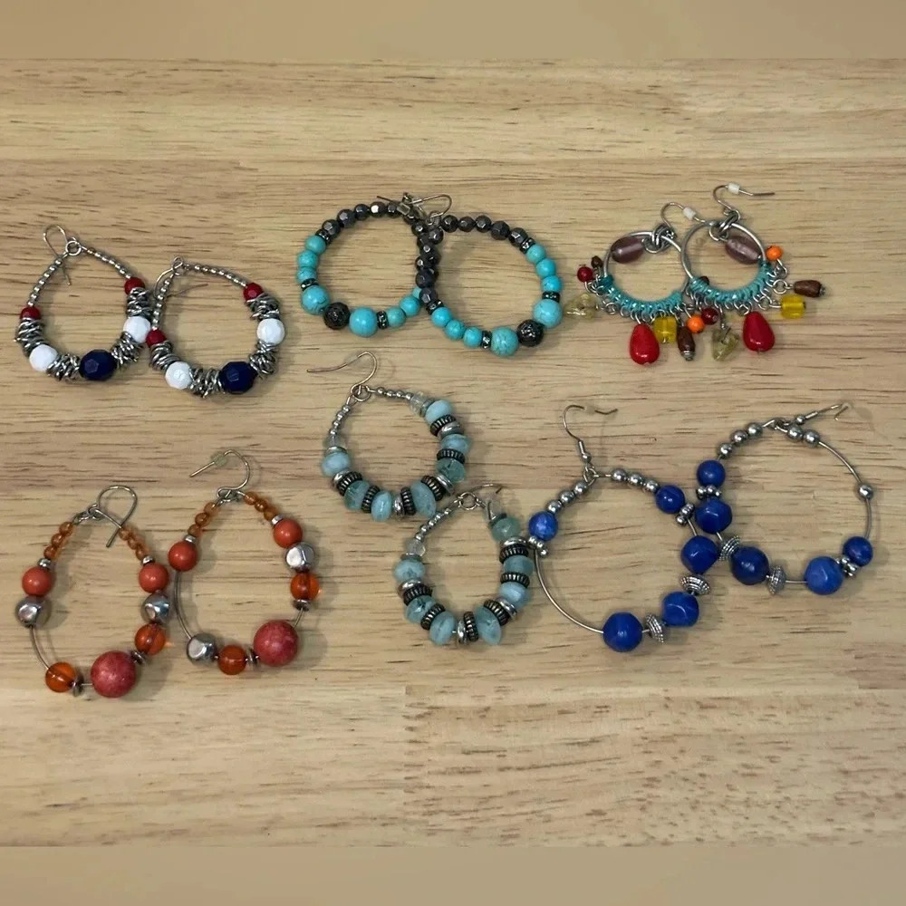 Lot of 6 hoop pierced‎ earrings various styles and colors